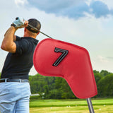 Red Golf Iron Head Covers Set of 10 - Waterproof PU Leather Club Protectors with Embroidered Numbers (3-9, P, A, S) - Front View