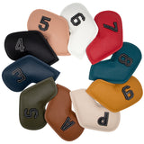 Beige Golf Iron Head Covers Set of 10 - Waterproof PU Leather Club Protectors with Embroidered Numbers (3-9, P, A, S) - Side View