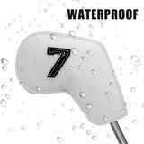 Beige Golf Iron Head Covers Set of 10 - Waterproof PU Leather Club Protectors with Embroidered Numbers (3-9, P, A, S) - Close-Up Angle