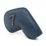 Dark Blue Golf Iron Head Covers Set of 10 - Waterproof PU Leather Club Protectors with Embroidered Numbers (3-9, P, A, S) - Front View