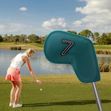Dark Green Golf Iron Head Covers Set of 10 - Waterproof PU Leather Club Protectors with Embroidered Numbers (3-9, P, A, S) - Front View