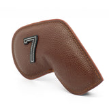 Brown Golf Iron Head Covers Set of 10 - Waterproof PU Leather Club Protectors with Embroidered Numbers (3-9, P, A, S) - Front View