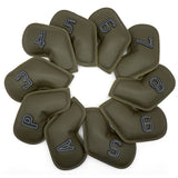 Gray Green Golf Iron Head Covers Set of 10 - Waterproof PU Leather Club Protectors with Embroidered Numbers (3-9, P, A, S) - Front View