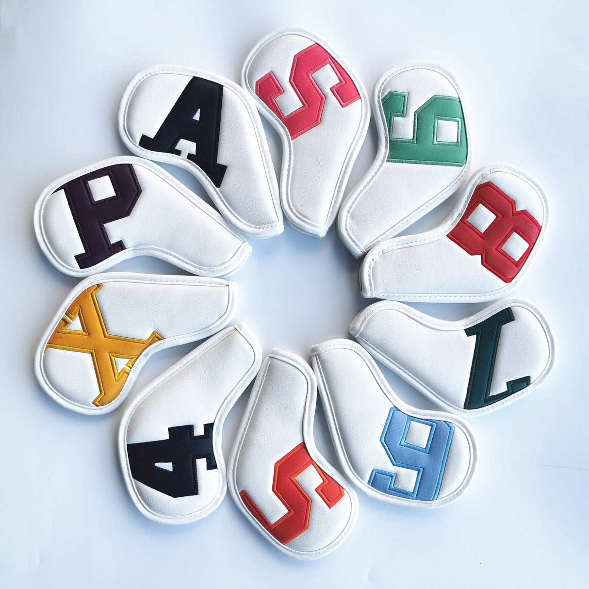 Colorful Words On White Background PU Leather Golf Iron Headcovers Set (10pcs) - Numbered Protective Club Covers (4-9, P, A, S, L) Universal Fit