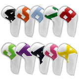 Colorful Words On White Background PU Leather Golf Iron Headcovers Set (10pcs) - Numbered Protective Club Covers (4-9, P, A, S, L) Universal Fit - Front View