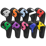 Colorful Words On Black Background PU Leather Golf Iron Headcovers Set (10pcs) - Numbered Protective Club Covers (4-9, P, A, S, L) Universal Fit - Front View