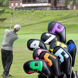 Colorful Words On Black Background PU Leather Golf Iron Headcovers Set (10pcs) - Numbered Protective Club Covers (4-9, P, A, S, L) Universal Fit - Side View