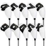 Black Words On White Background PU Leather Golf Iron Headcovers Set (10pcs) - Numbered Protective Club Covers (4-9, P, A, S, L) Universal Fit - Front View