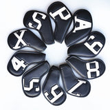 White Words On Black Background PU Leather Golf Iron Headcovers Set (10pcs) - Numbered Protective Club Covers (4-9, P, A, S, L) Universal Fit - Front View