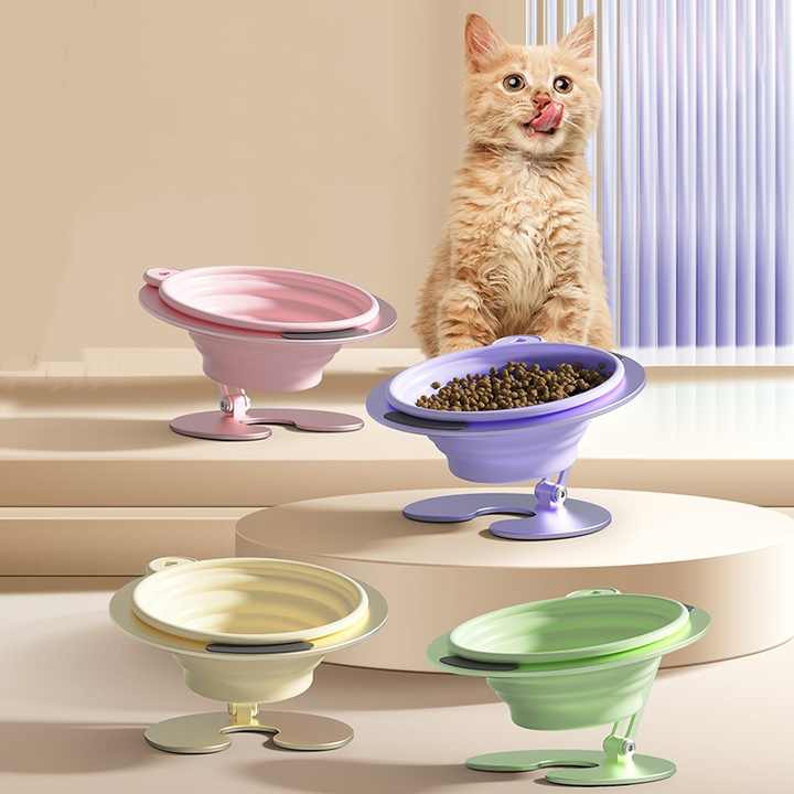 Pink Foldable Elevated Pet Bowl Set - Tilted Ergonomic Cat Feeder with Aluminum Stand & Silicone Bowl