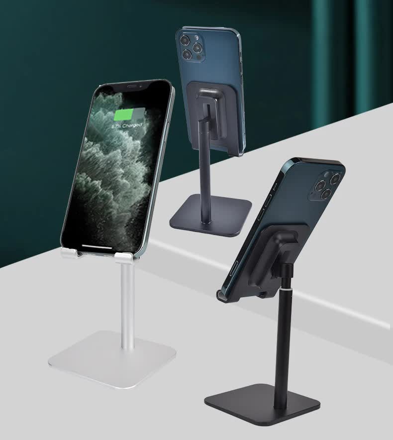 Silver Adjustable Aluminum Alloy Phone and Tablet Stand - Telescopic Desktop Holder for Live Streaming and Hands-Free Use