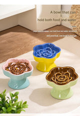 Blue and Pink Ceramic Slow Feeder Pet Bowl for Cats and Small Dogs - Anti-Choke Elevated Design with 15-Degree Tilted Rim - Rear View
