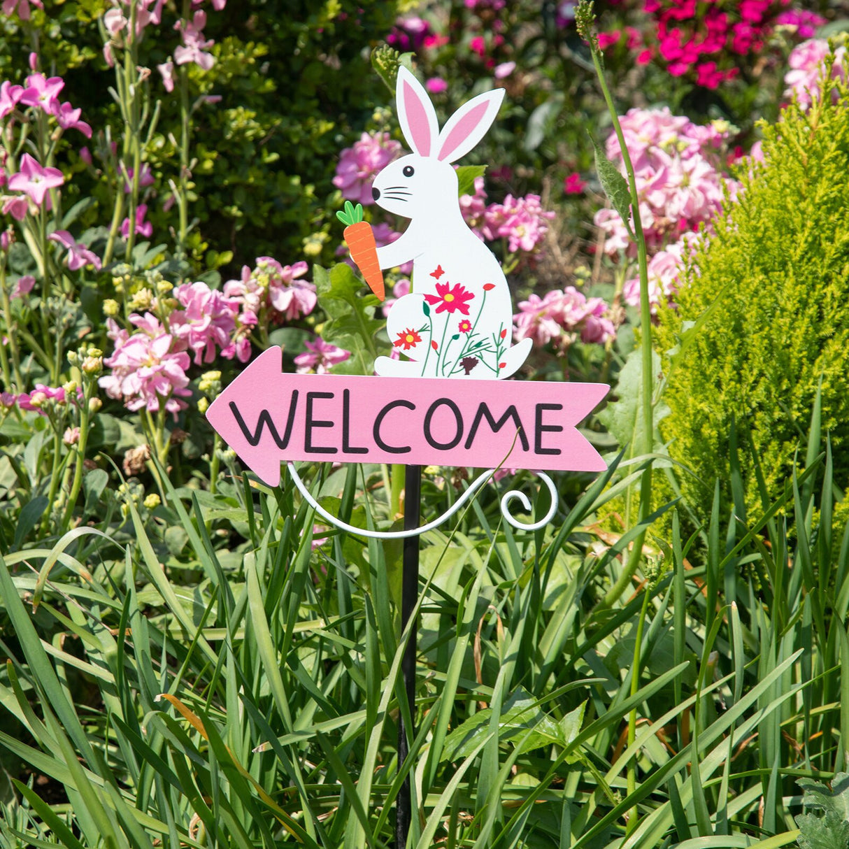 White Rabbit and Carrot Pattern Charming Metal Garden Stakes | Welcome Yard & Lawn Decor