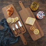 Brown And Black Premium Acacia Wood Cheese Board Set | Charcuterie Platter with 3 Stainless Steel Knives - Front View