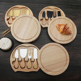 Brown And Silver Compact Round Rubberwood Cheese Board Set | 4 Stainless Steel Knives & Tools - Front View