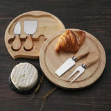 Brown And Silver Compact Round Rubberwood Cheese Board Set | 4 Stainless Steel Knives & Tools - Side View