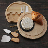 Brown And Silver Compact Round Rubberwood Cheese Board Set | 4 Stainless Steel Knives & Tools - Top-Down View