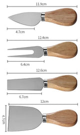 Brown And Silver Compact Round Rubberwood Cheese Board Set | 4 Stainless Steel Knives & Tools - 45-Degree Angle