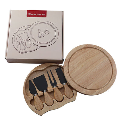 Brown And Black Compact Round Rubberwood Cheese Board Set | 4 Stainless Steel Knives & Tools