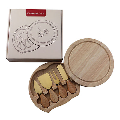 Brown And Gold Compact Round Rubberwood Cheese Board Set | 4 Stainless Steel Knives & Tools