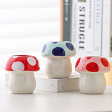 Blue Adorable Ceramic Mushroom Desk Organizer - Cute Pen & Makeup Brush Holder - Front View
