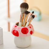 Blue Adorable Ceramic Mushroom Desk Organizer - Cute Pen & Makeup Brush Holder - Top-Down View