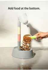 Beige Base Adjustable Height Pet Water Dispenser with Food Bowl Base - Non-Drip Bottle Feeder Station for Dogs & Cats
