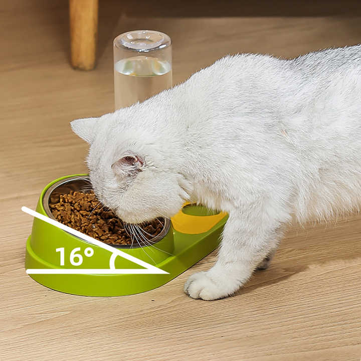 Green And Yellow Pet Bowl Set with Automatic Gravity Water Dispenser - Stainless Steel & PP Feeder Station