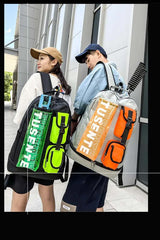 Orange And Grey Stylish Sports Backpack with Contrast Pockets - Unisex Gym Bag for Badminton & Tennis - Low Angle