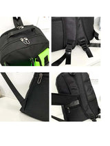 Purple And Black Stylish Sports Backpack with Contrast Pockets - Unisex Gym Bag for Badminton & Tennis - Close-Up Angle