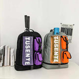 Orange And Black Stylish Sports Backpack with Contrast Pockets - Unisex Gym Bag for Badminton & Tennis - Front View