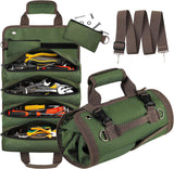 Khaki Heavy Duty Roll-Up Tool Bag Organizer - Waterproof Oxford Fabric Pouch with Multiple Pockets - Side View
