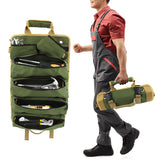 Khaki Heavy Duty Roll-Up Tool Bag Organizer - Waterproof Oxford Fabric Pouch with Multiple Pockets - Top-Down View