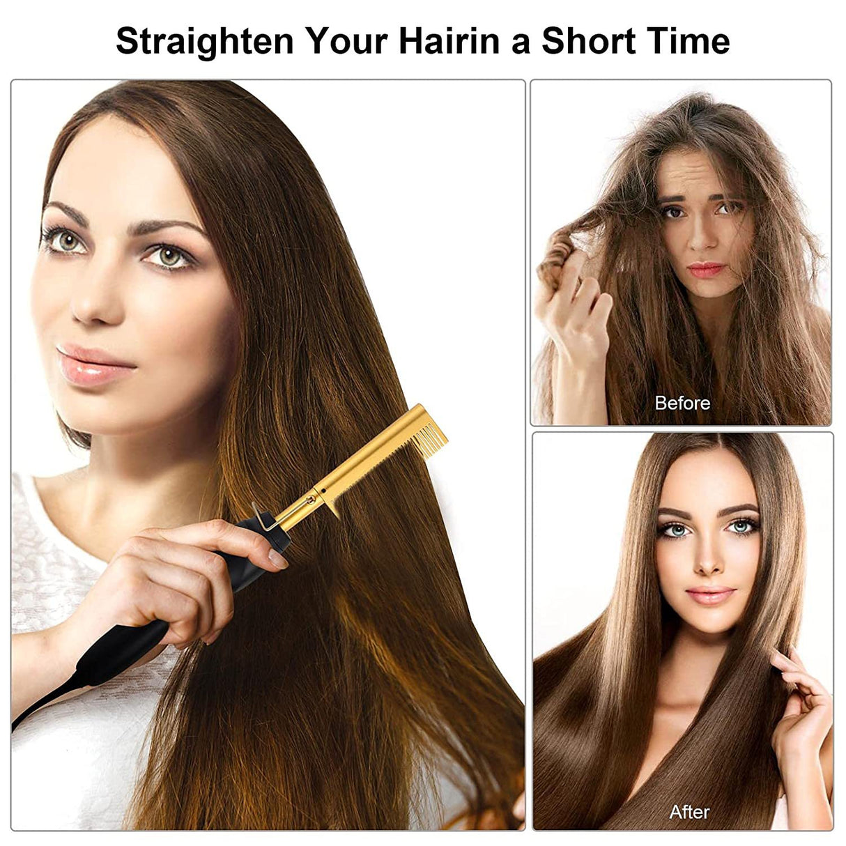 Black Electric Hot Comb Hair Straightener - Fast Heating Styling Tool with 3 Temp Settings & Anti-Scald Guard