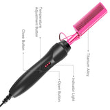 Black Electric Hot Comb Hair Straightener - Fast Heating Styling Tool with 3 Temp Settings & Anti-Scald Guard - Close-Up Angle