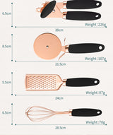 Black And Rose Gold 7-Piece Kitchen Gadget Set - Stainless Steel Utensils with Comfort Grip Handles - Close-Up Angle