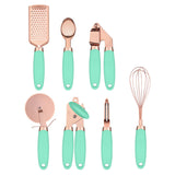 Green And Rose Gold 7-Piece Kitchen Gadget Set - Stainless Steel Utensils with Comfort Grip Handles