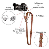 Brown Adjustable Genuine Leather Camera Strap - Crossbody Shoulder Sling for DSLR/SLR(The camera is a prop and is not included) - Front View
