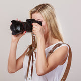 Black Adjustable Genuine Leather Camera Strap - Crossbody Shoulder Sling for DSLR/SLR(The camera is a prop and is not included) - 45-Degree Angle