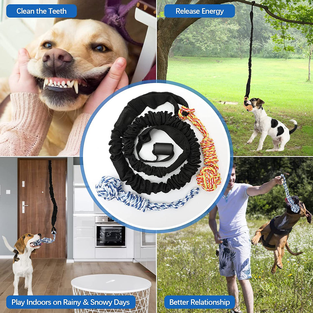 Black And Colored Cotton Balls Interactive Bungee Dog Tug Toy - Hanging Rope Ball for Solo Play & Exercise
