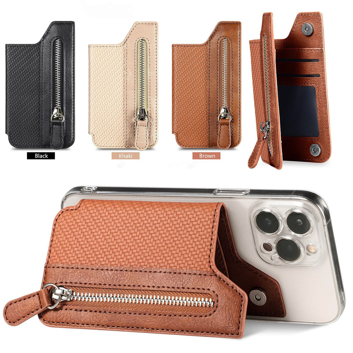 2 Pcs Black Multifunction Stick-On Phone Wallet - PU Leather Card Holder with Zipper & Flip Cover
