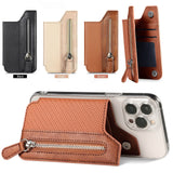 2 Pcs Khaki Multifunction Stick-On Phone Wallet - PU Leather Card Holder with Zipper & Flip Cover - Front View