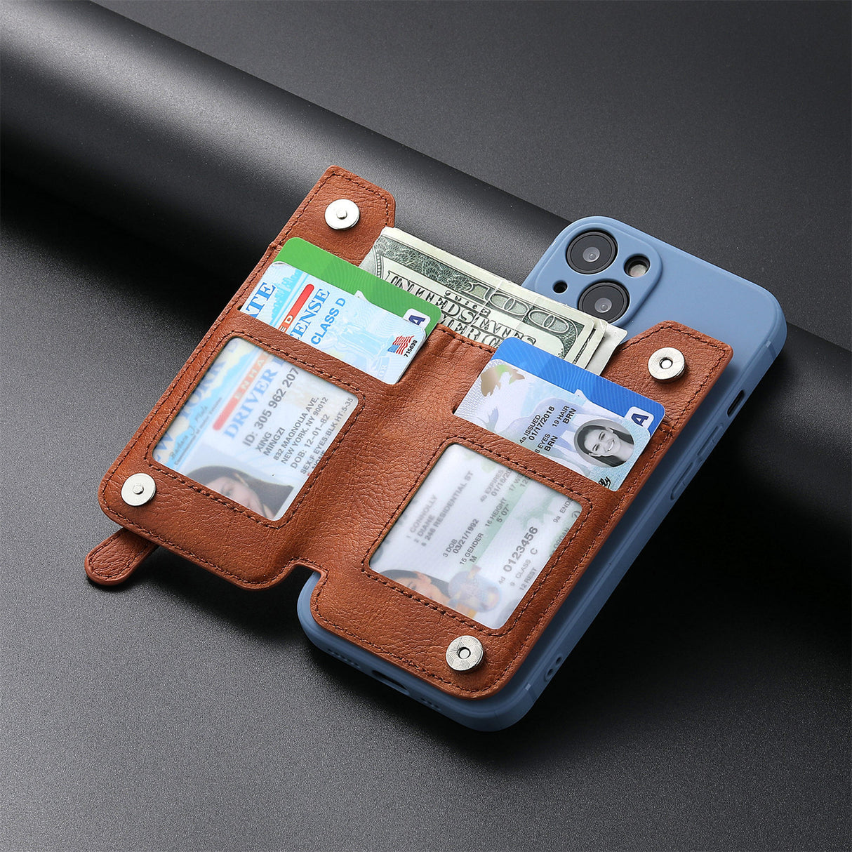 2 Pcs Khaki Multifunction Stick-On Phone Wallet - PU Leather Card Holder with Zipper & Flip Cover
