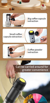 Black 3-in-1 Portable Electric Espresso Maker - Rechargeable Travel Coffee Machine for Capsules & Ground Coffee - 45-Degree Angle
