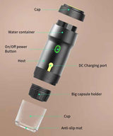 Silver 3-in-1 Portable Electric Espresso Maker - Rechargeable Travel Coffee Machine for Capsules & Ground Coffee - Rear View