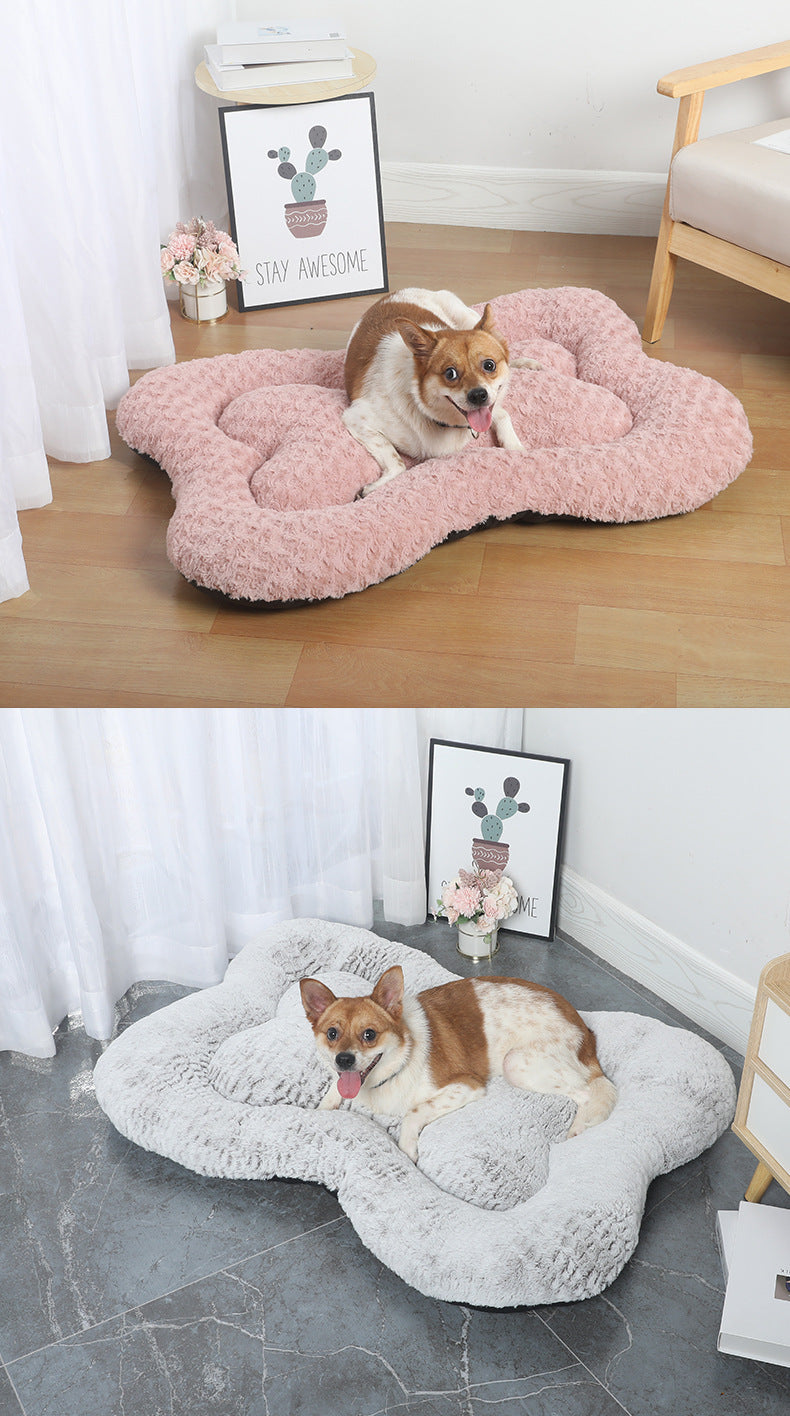 M Grey Rose Velvet Fish Scale Pet Bed - Creative Bone-Shaped Soft and Cozy Dog & Cat Nest