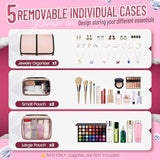 Travel Makeup Organizer Bag - 4 Detachable Compartments, Jewelry Roll & Multiple Pouches