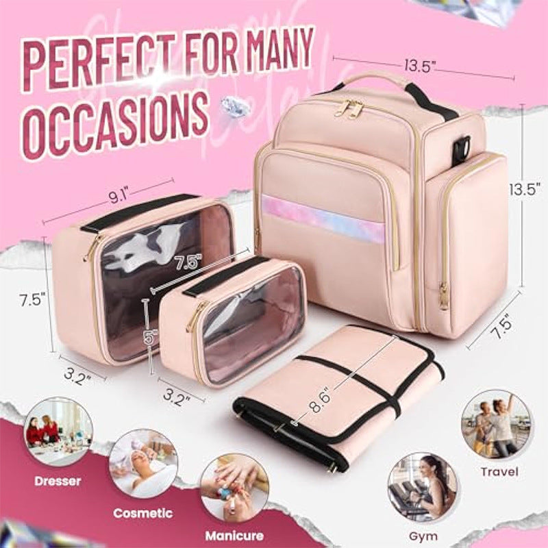Travel Makeup Organizer Bag - 4 Detachable Compartments, Jewelry Roll & Multiple Pouches