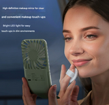 Green Portable Handheld Fan with Makeup Mirror - USB Rechargeable 3-Speed Mini Fan for Summer Cooling - Front View