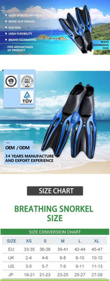 L Blue Adult Professional TPR Swim Fins - Rubber Snorkeling Flippers for Diving and Free Swimming - Side View